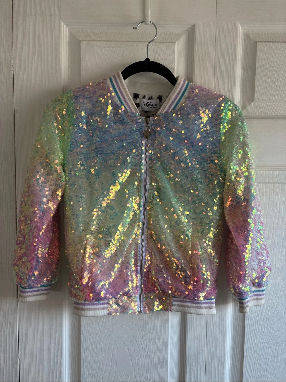 Lola+The Boys Icy Ombre Sequin Rainbow Bomber Jacket Unicorn Party Star Warm 10